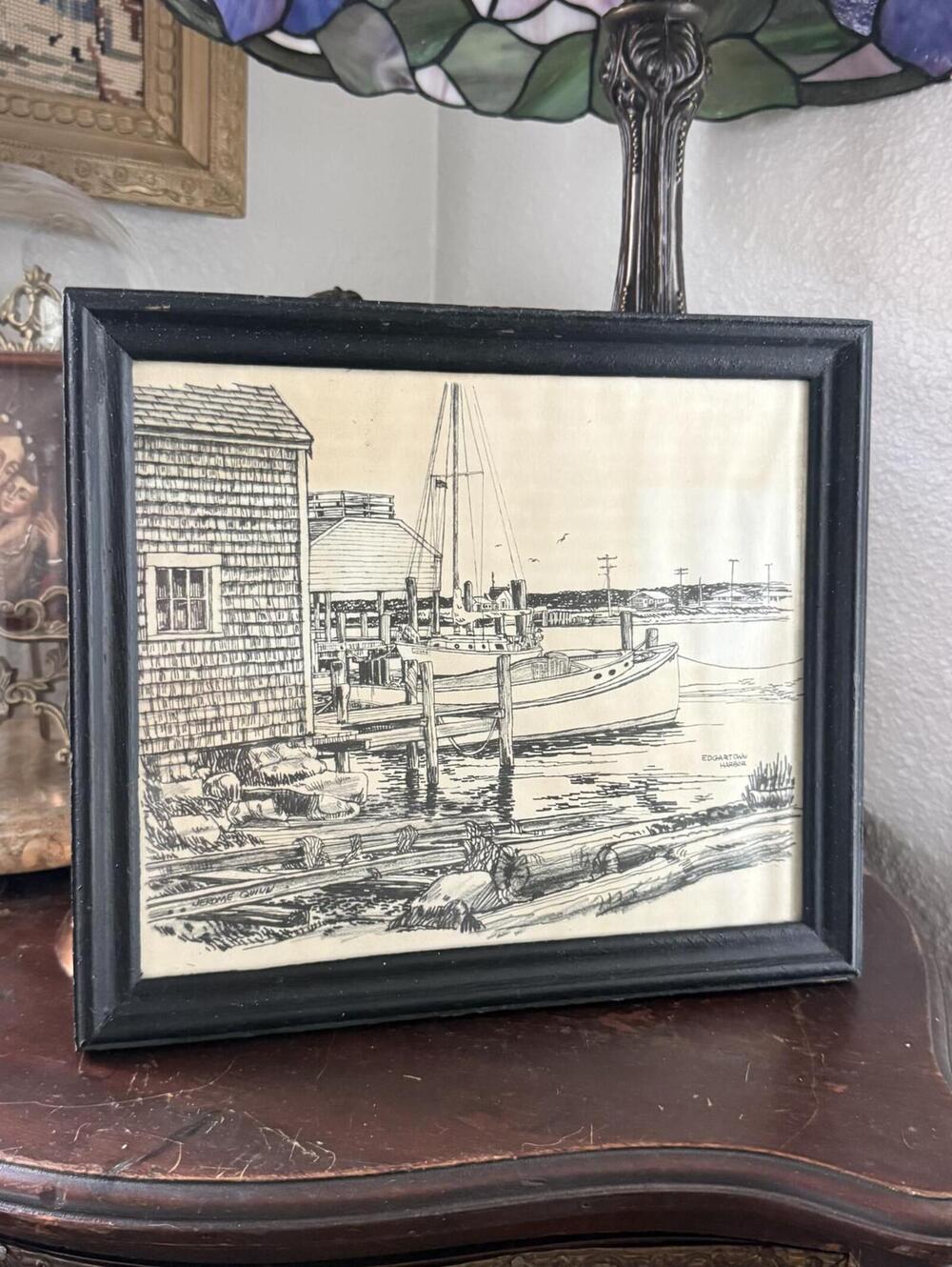 Vintage Drawing Sketch of Rockport Signed Wooden Frame